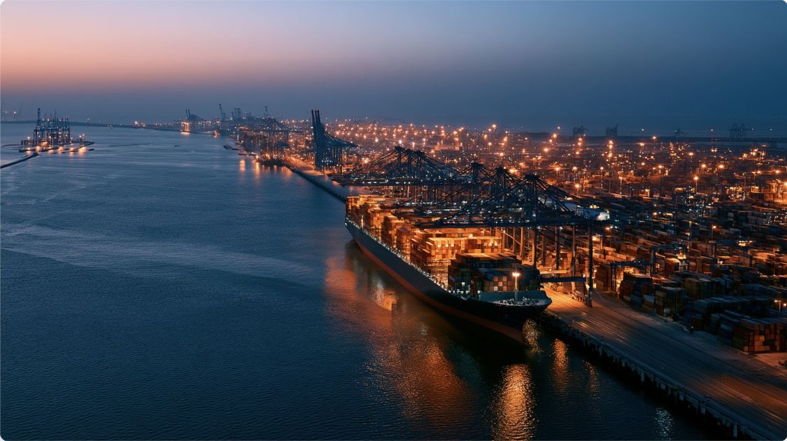 Container vessel and terminal operations at blue hour
